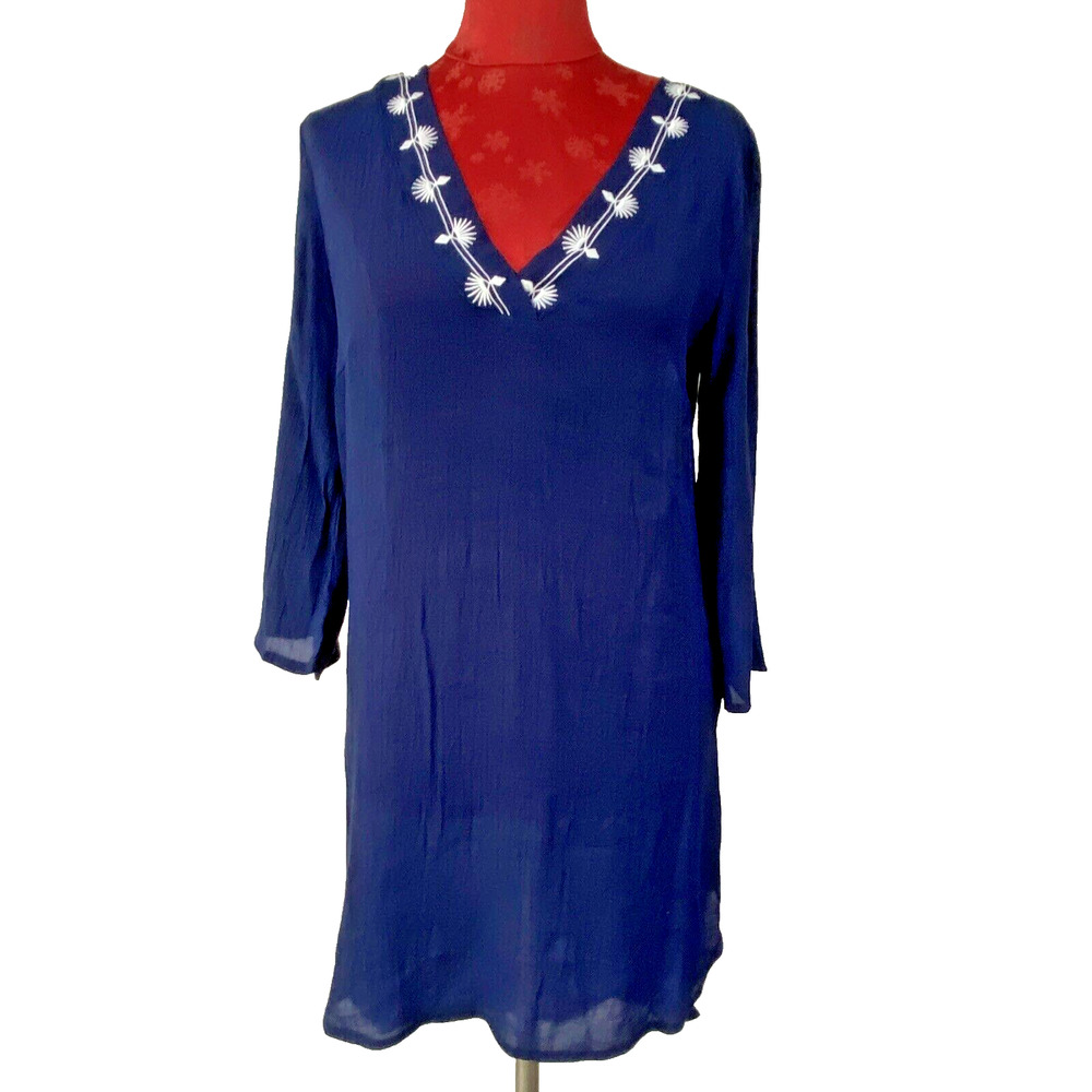Kona Sol Size M Navy & Blue White Sheer Beach Cover Up 3/4 Sleeve Tunic Top
